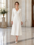 Elegant Civil Satin A Line V Neck Long Sleeve Tea Length Wedding Dress front view