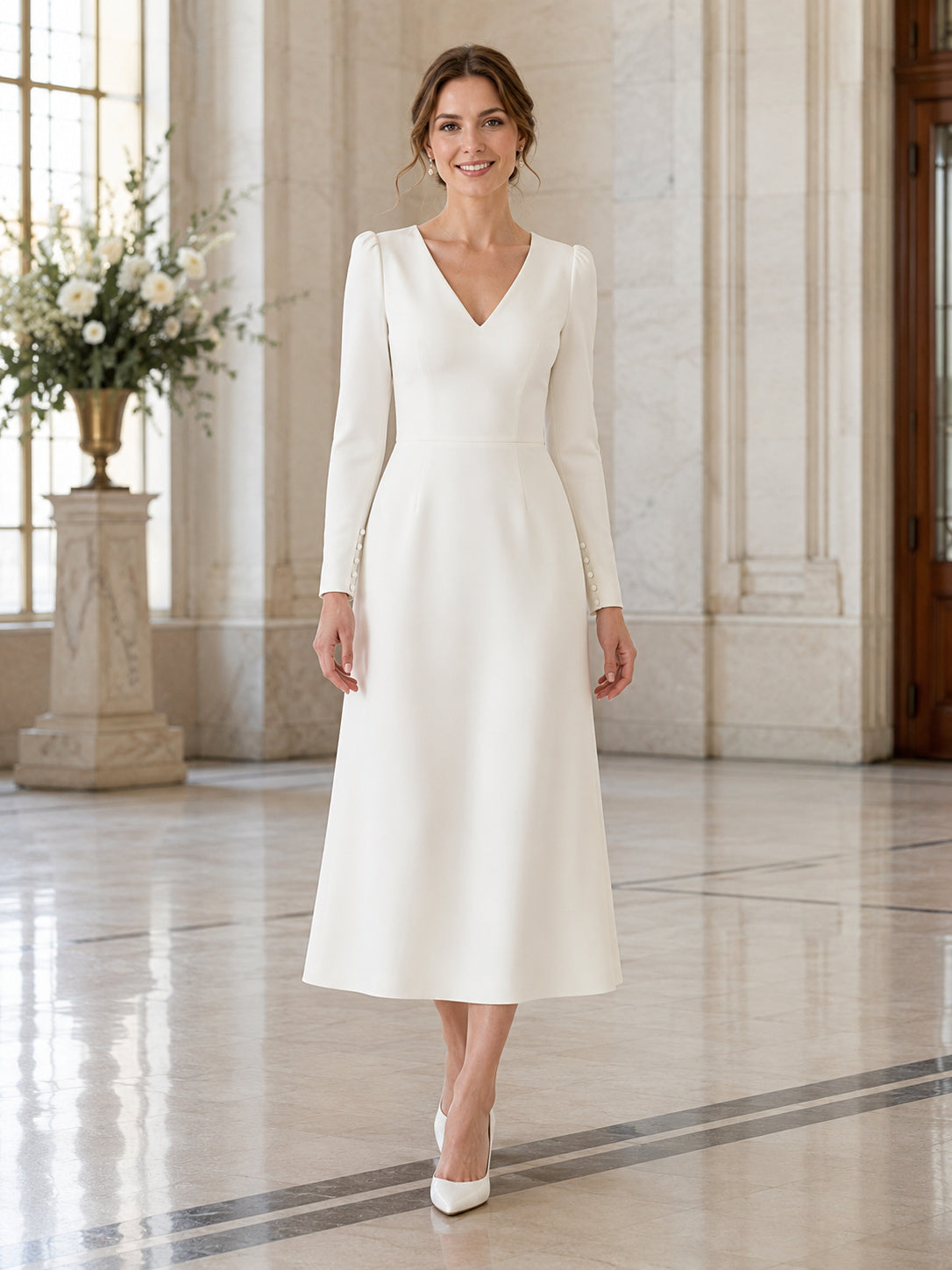 Elegant Civil Satin A Line V Neck Long Sleeve Tea Length Wedding Dress front view