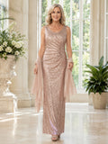 Rose Gold Luxury V-Neck Sequin Sheath Floor-Length Mother of the Bride Gown with Sleeveless Chiffon Drapes front view