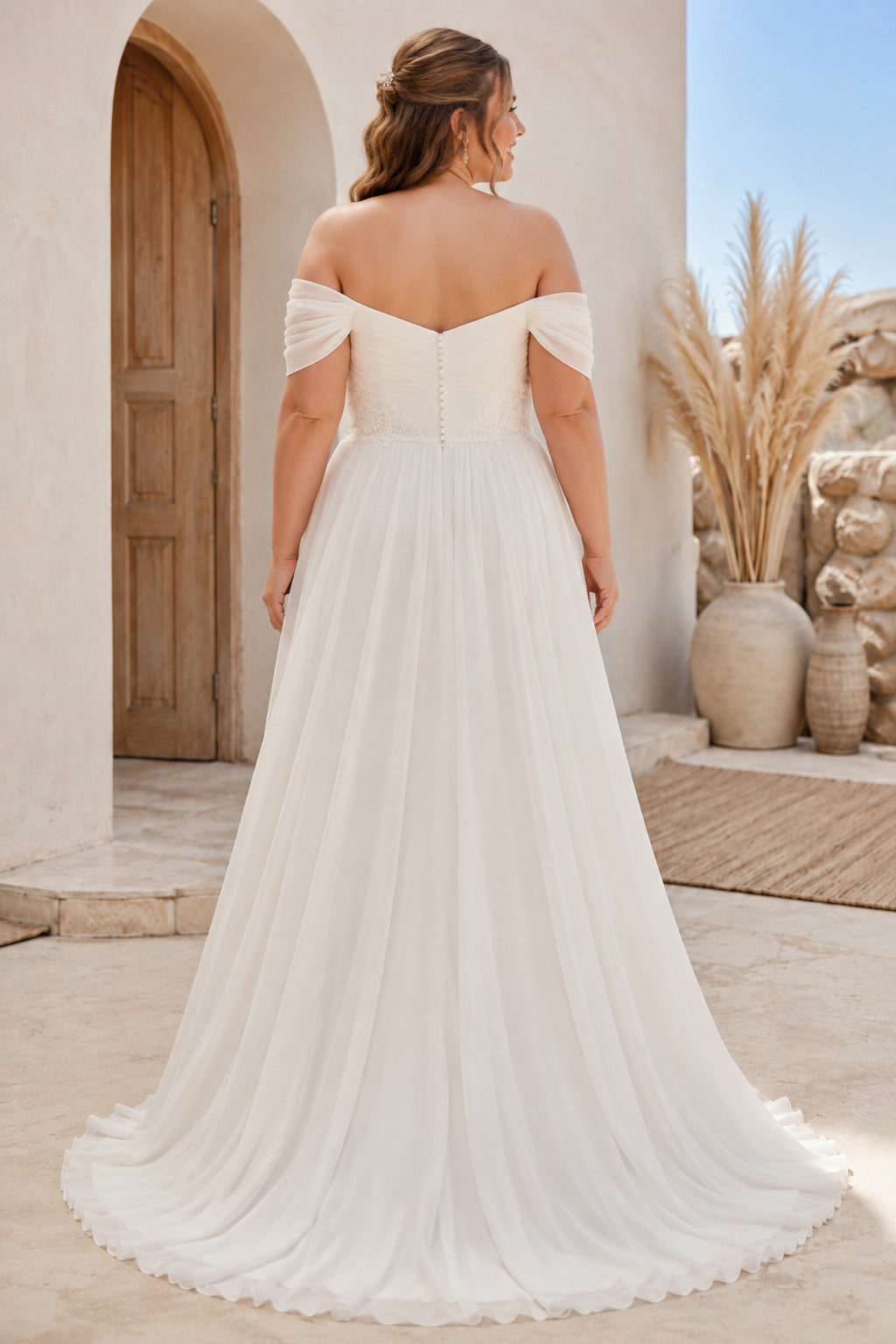 Plus Size Ivory Off-the-Shoulder Sweetheart Draped Sleeve Lace Tulle A-Line Wedding Dress with Draped Sleeves and Simple Tull