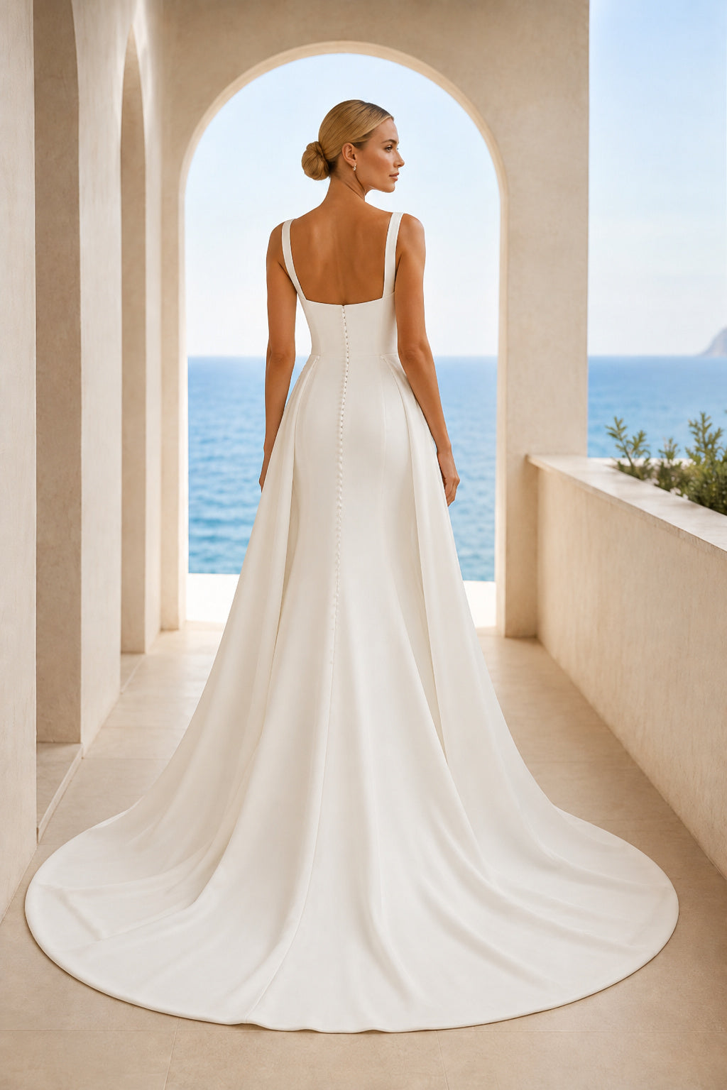 Satin Wedding Dress Mermaid Strap Detail Sweep Train Bridal Gown back view