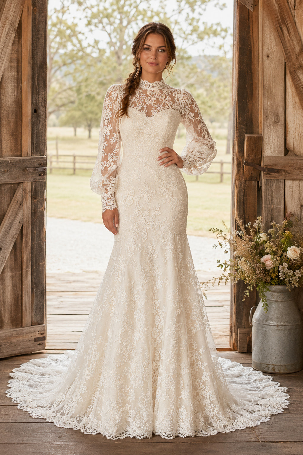High Neck Long Sleeve Mermaid Wedding Dress with Allover Lace and Sweep Train for Rustic Garden Ceremony Style MG_700700 fron
