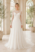 High Neck Long Sleeve A-Line Wedding Dress with Lace Bodice and Chiffon Train for Beach Garden Ceremony Style MG_701303 front