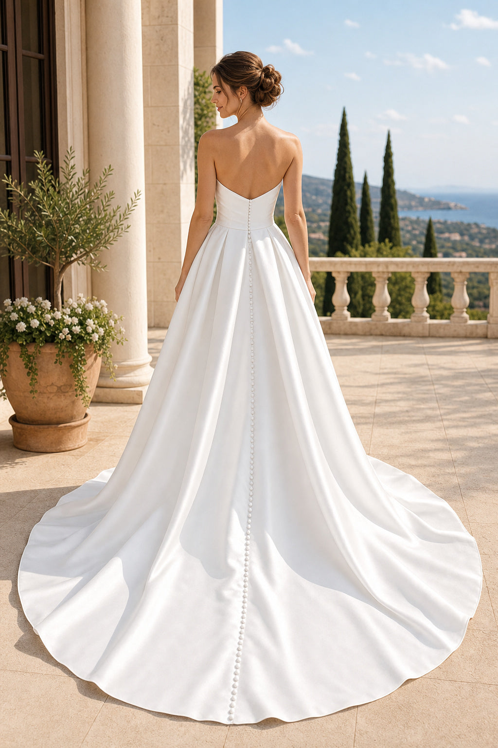 White Strapless Ball Gown Satin Floor-length Wedding Dress With Pleats and Buttons