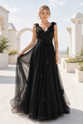 Black V-neck A-Line Tulle Floor-length Formal Dress With Floral Appliques and Open Back