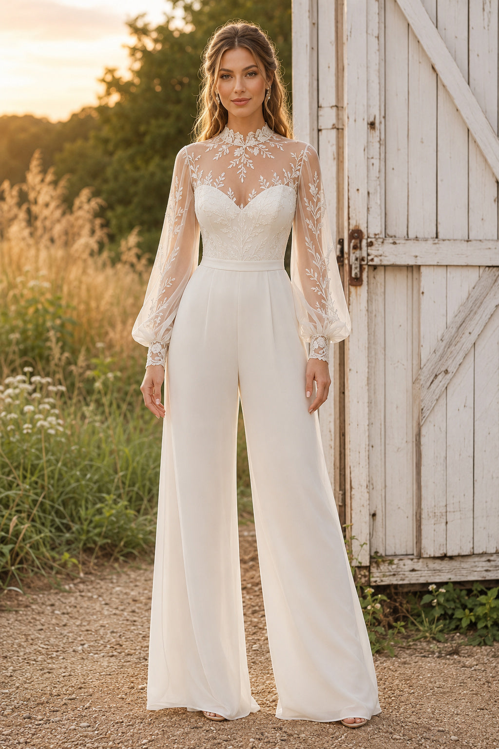 Ivory Sweetheart Bishop Sleeve Lace Satin Floor-Length Bridal Jumpsuit with Bishop Lace Sleeves and Wide Leg Pants front view