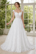 Ivory V-neck A-Line Chiffon Floor-length Wedding Dress With Floral Appliques and Front Slit and Open Back