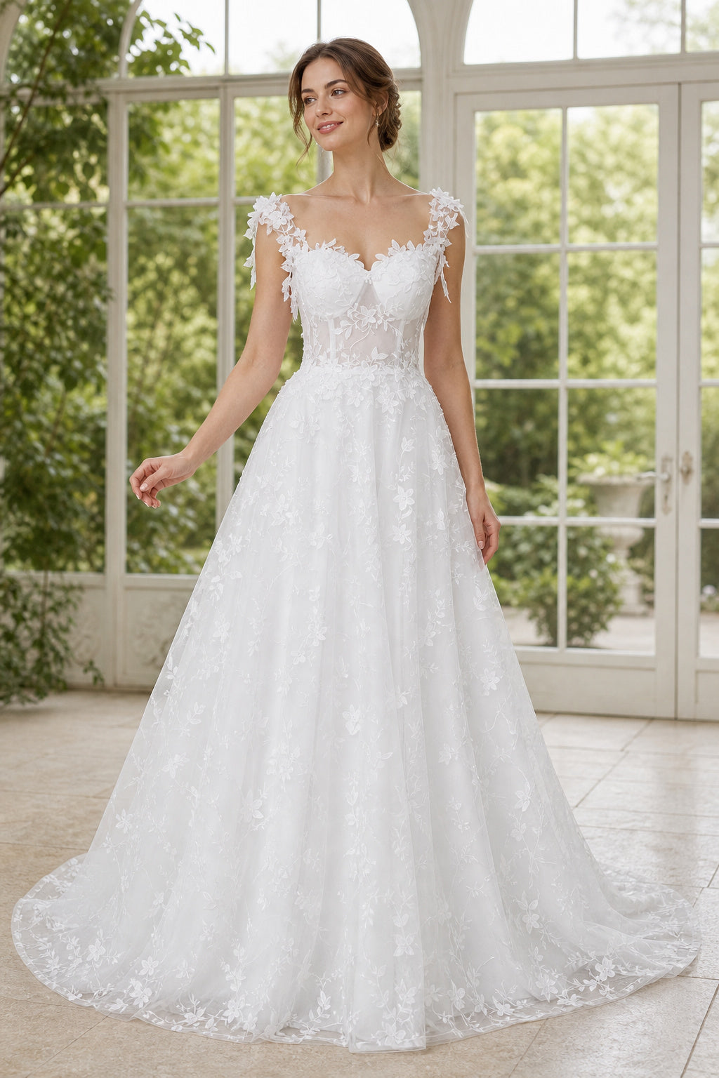Ivory V-neck A-Line Chiffon Floor-length Wedding Dress With Floral Appliques and Front Slit and Open Back