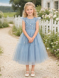 Sky Blue Floral Embroidery Tulle Flower Girl Tea-Length Petal Sleeve Country Dress front view