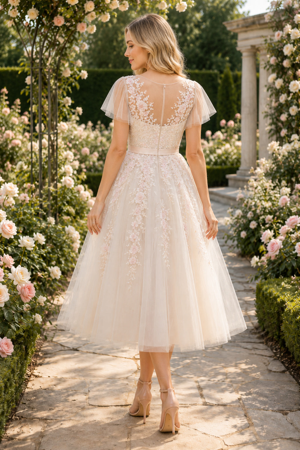 Champagne Lace Cap Sleeve Applique Bodice with Illusion Back Tea Length A-Line Wedding Dress back view