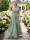 Sage Romantic Garden A-Line Chiffon Bridesmaid Dress with Sleeveless One-Shoulder Bodice, Pleated Floor-Length Skirt and Low