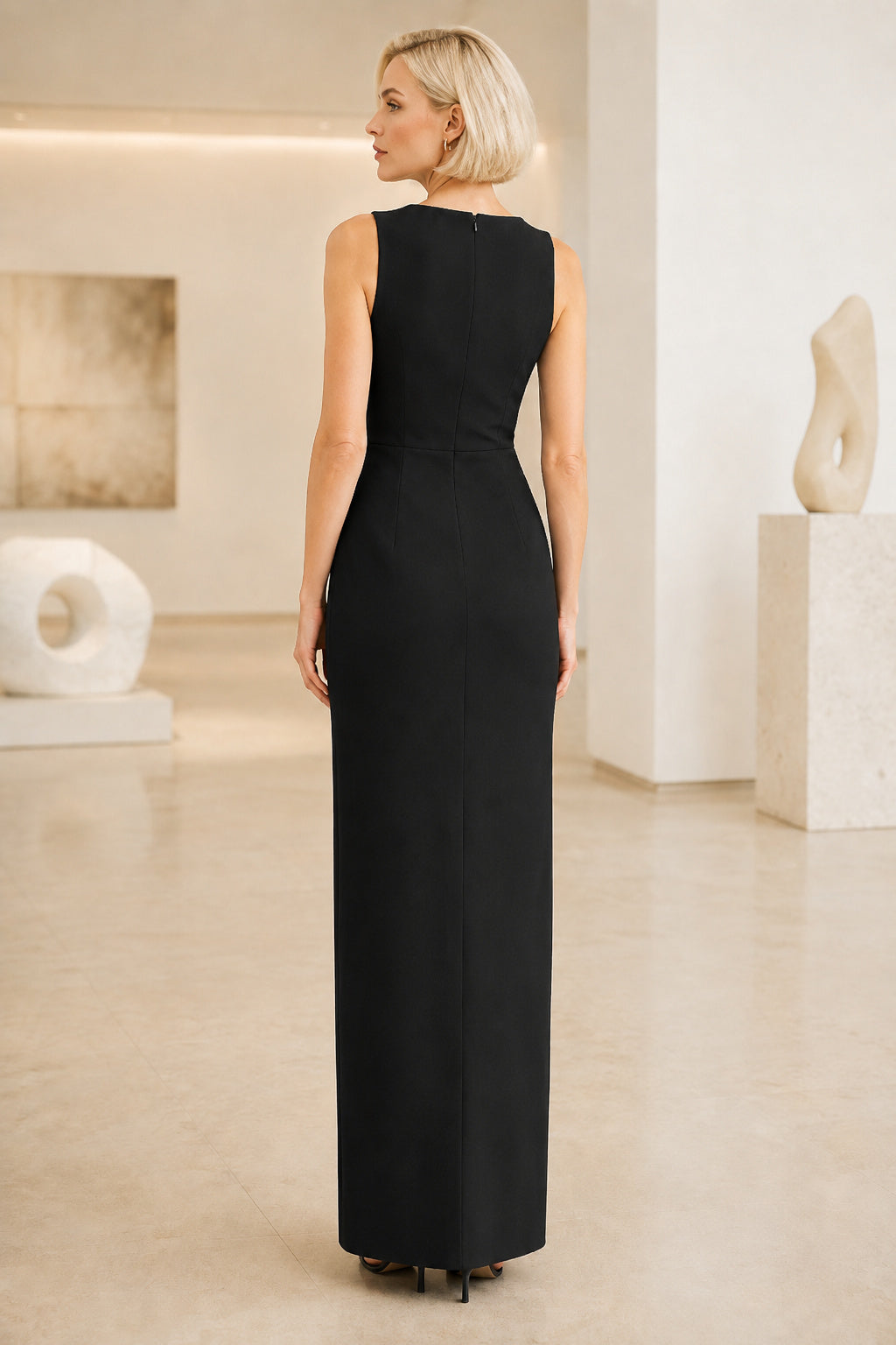 Black High Neck Sleeveless Sheath Guest Dress with Floor Skirt back view
