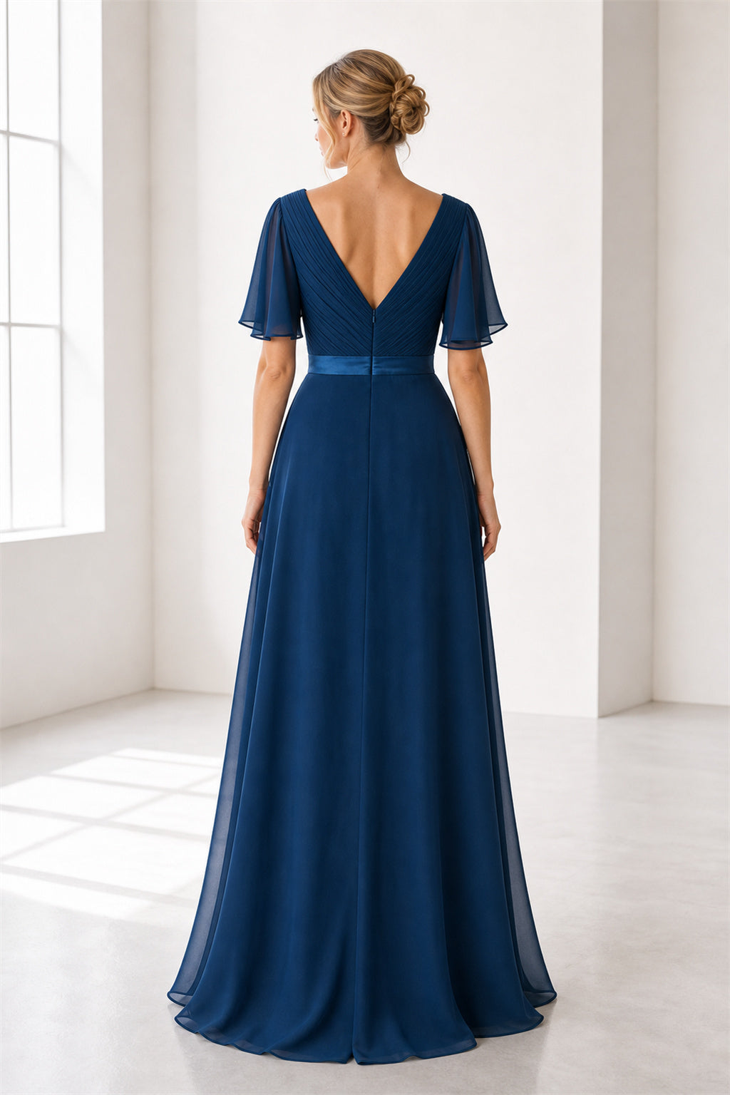 Navy V-neck Flutter Sleeve A-Line Chiffon Floor-Length Dress With Ruched Waist