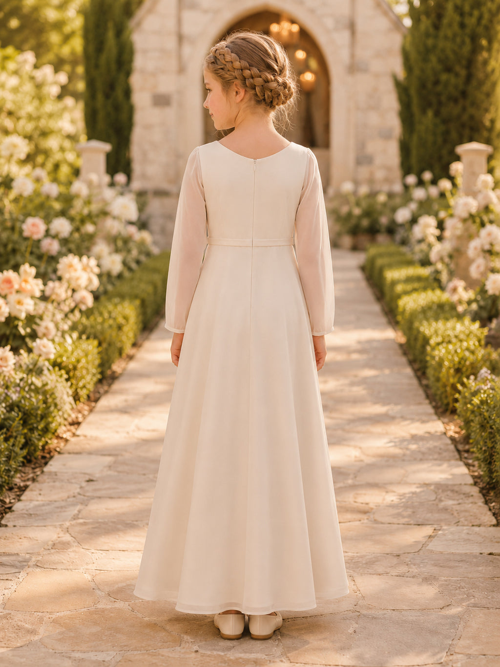 Modest A-Line Flower Girl Dress with V-Neck Long Sleeves Ivory Chiffon Tulle Court Ceremony back view