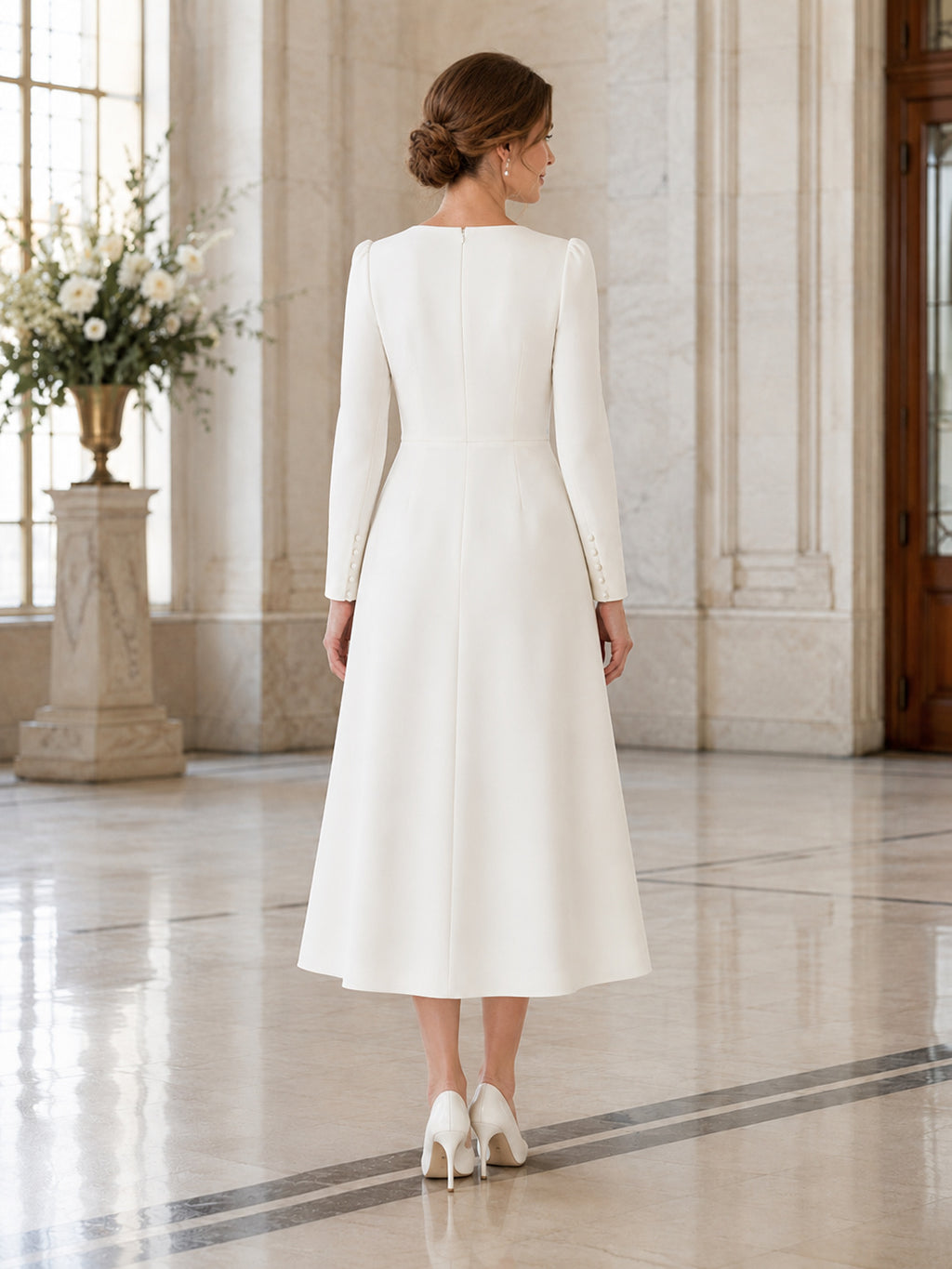 Elegant Civil Satin A Line V Neck Long Sleeve Tea Length Wedding Dress back view