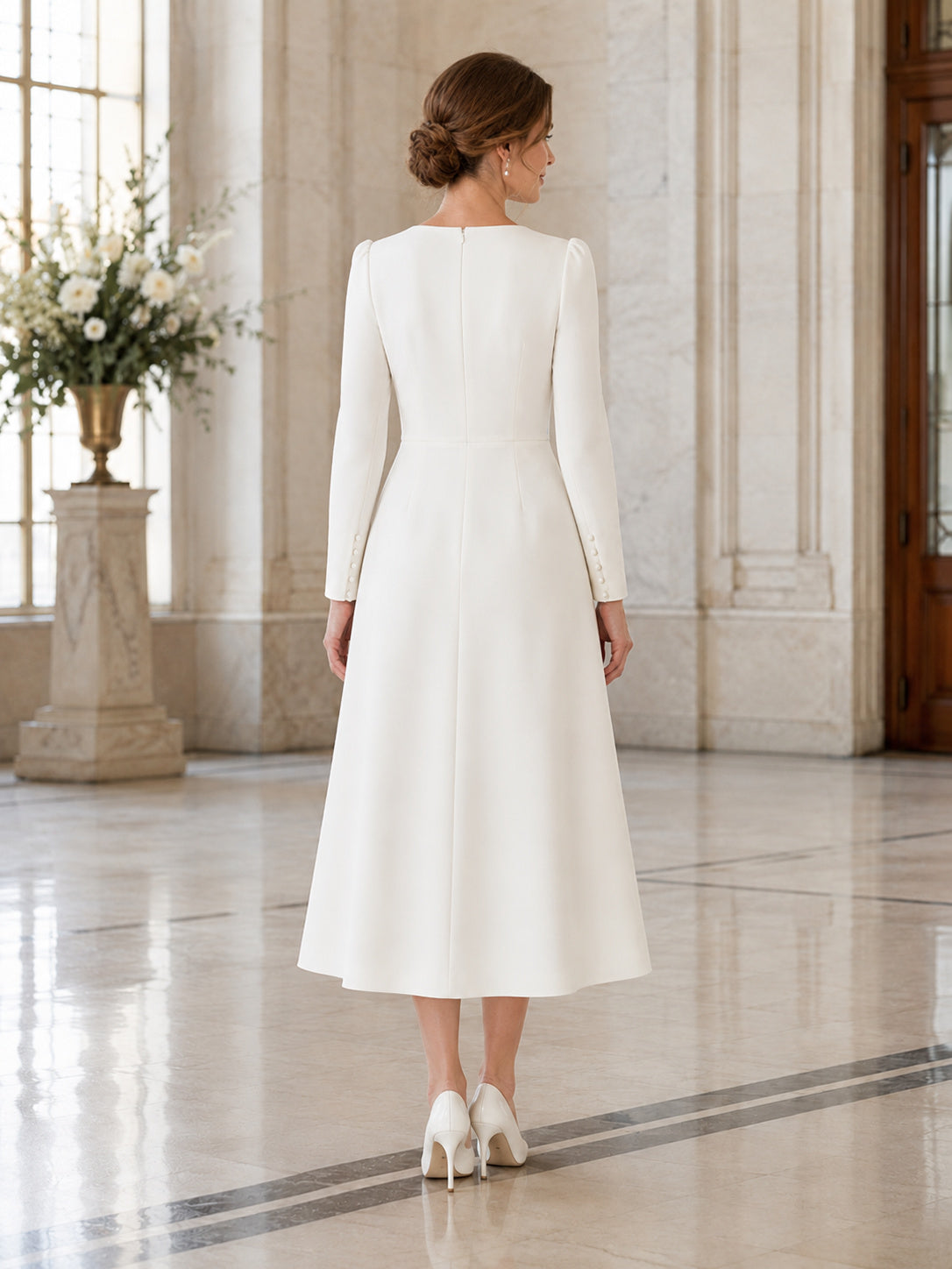 Elegant Civil Satin A Line V Neck Long Sleeve Tea Length Wedding Dress back view