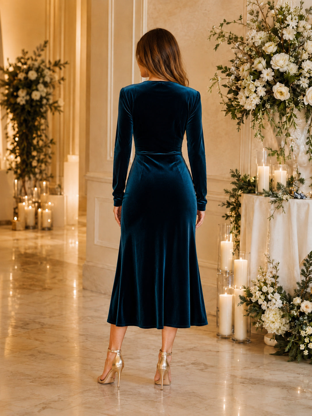 Formal Elegant Peacock Sweetheart Long Sleeve Velvet Midi Guest Dress back view