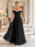 Black Off Shoulder Chiffon A Line Formal Dress front view