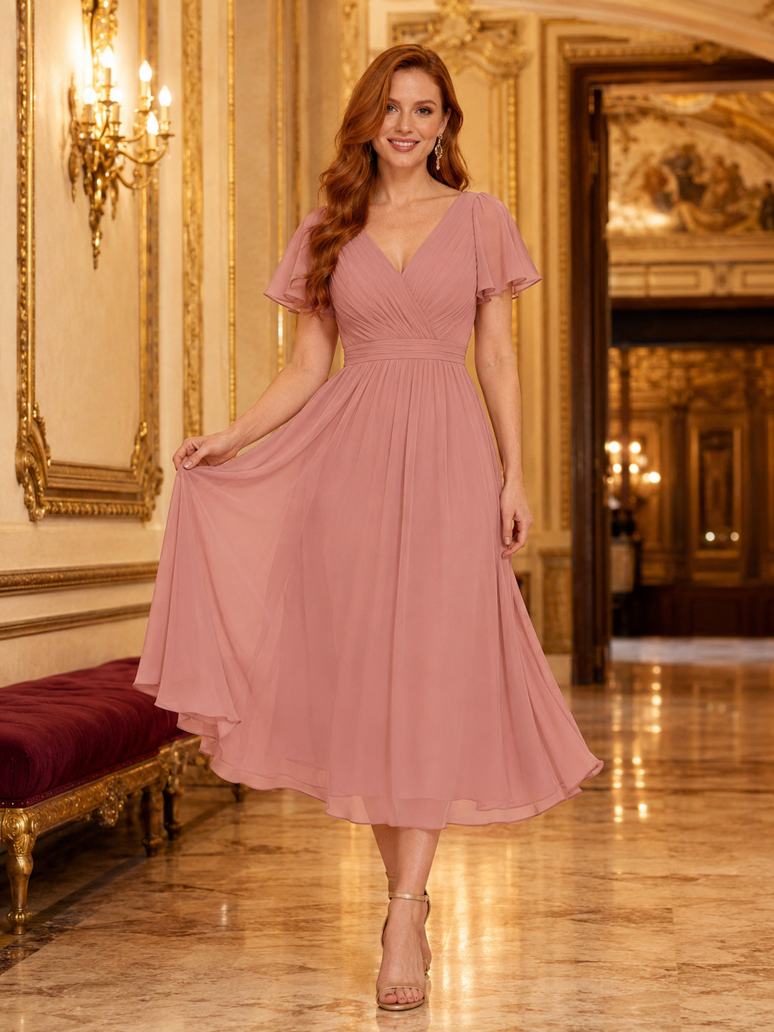 Dusty Rose Formal Theater Wedding Guest Bridesmaid Cocktail Formal Dress A-Line Tea-Length V-Neck Short Sleeve Chiffon Zipper