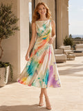 Watercolor Paint Splash Cowl Neck Garden Midi Dress front view