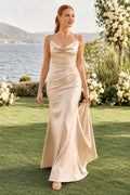 Champagne Cowl Neck Satin Sheath Wedding Dress with Ruching and Low Open Back front view