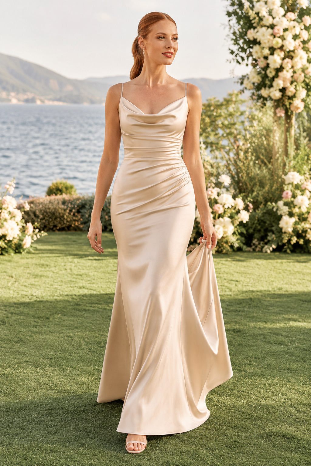 Champagne Cowl Neck Satin Sheath Wedding Dress with Ruching and Low Open Back front view