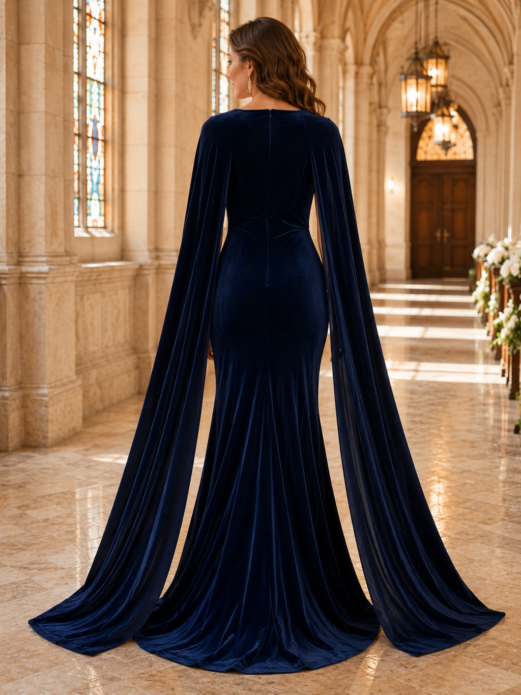 Dark Navy Bateau Velvet Extended Cape Mermaid Train Guest Dress back view