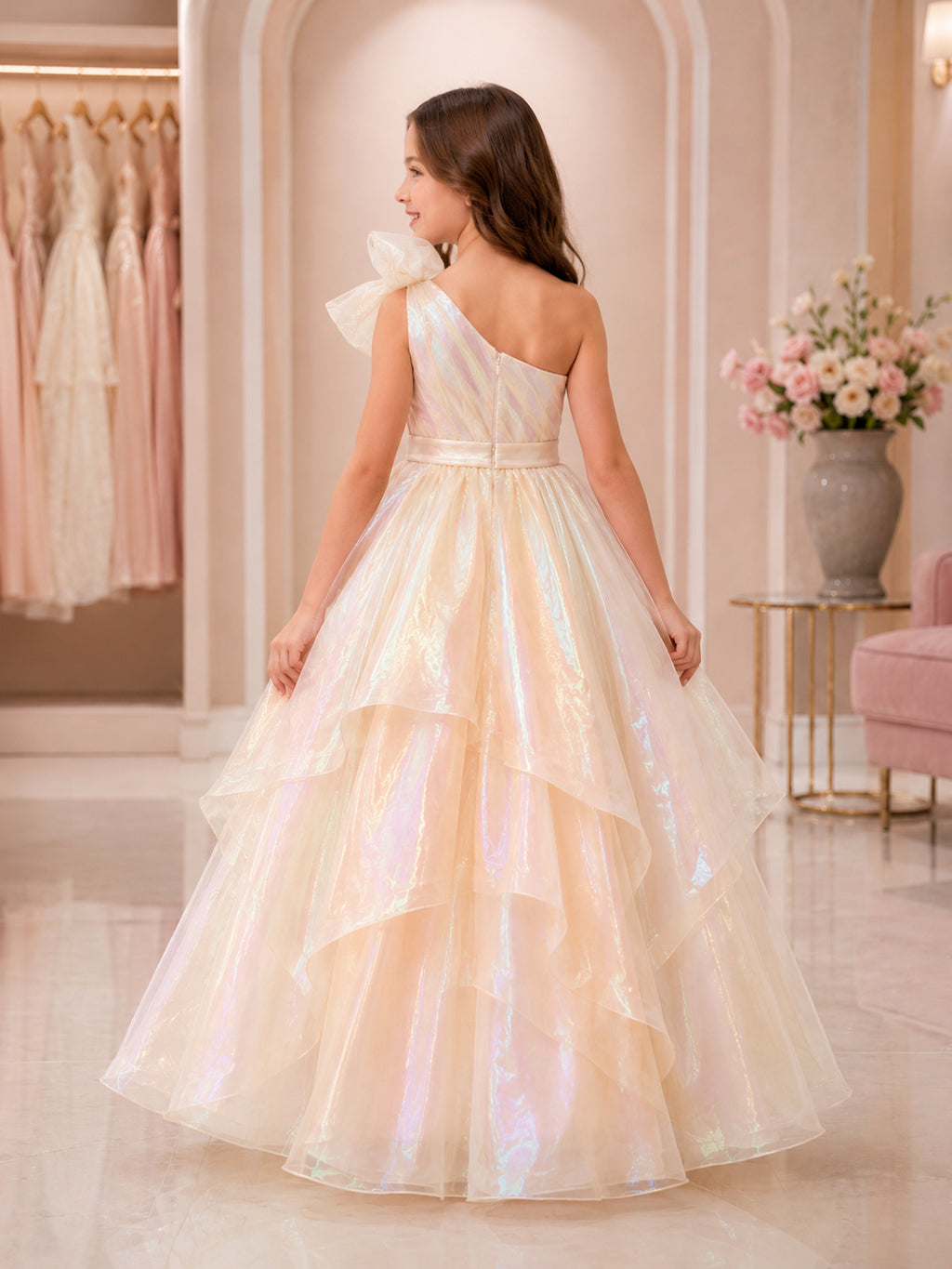 Iridescent Luxury A-Line Organza Flower Girl Dress Petal Sleeve One-Shoulder Floor-Length Cascading Ruffles back view