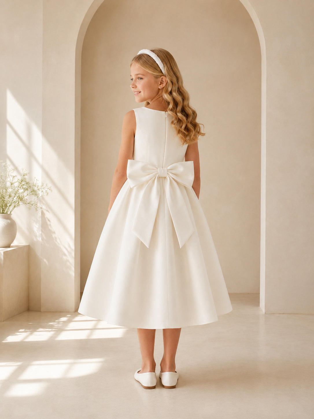 Sleeveless Satin Bow Communion Flowergirl Tea Length Church Dress back view