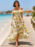 Lemon Print Off Shoulder Ruffle High Low Resort Dress front view