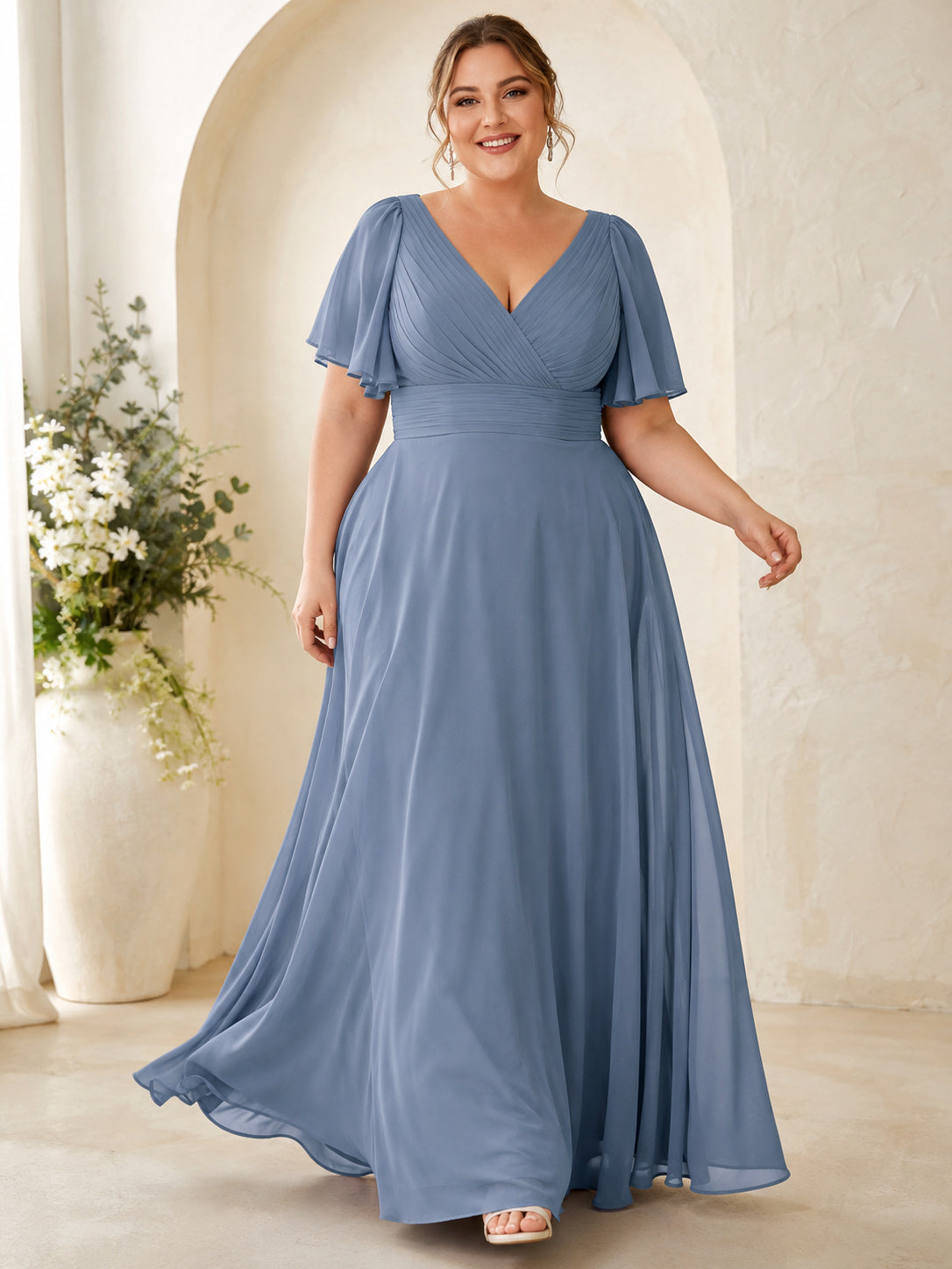 Dusty blue plus size flutter sleeve chiffon floor length bridesmaid dress front view