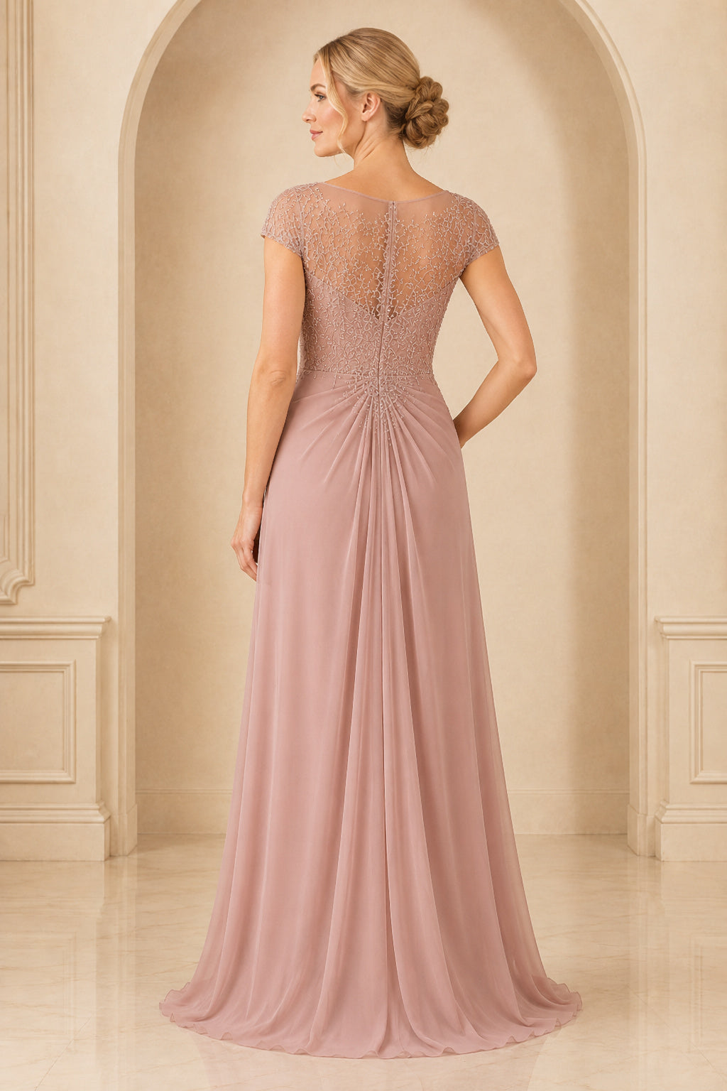 Dusty Rose Cap Sleeve Chiffon Mother Dress Beaded Lace Bodice for Mother and Formal Events back view