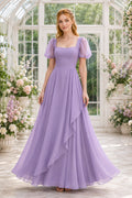 Lavender Square Neck Chiffon A-Line Bridesmaid Dress with Puff Sleeves and Ruffled Skirt front view