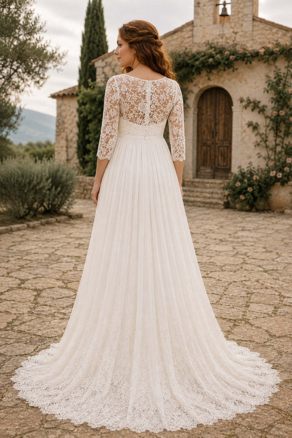 Ivory Maternity Jewel Neck Long Sleeve Lace A-Line Wedding Dress with Soft Train back view