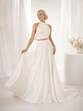 Two Piece Halter Bow Back Studio Chiffon Bridal Gown front view