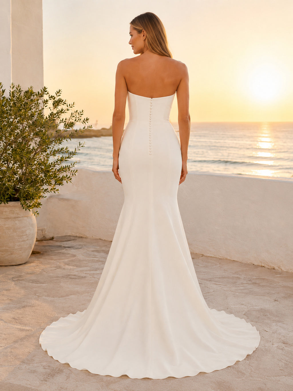 Minimalist Satin Wedding Dress Mermaid Strapless Sweep Train Bridal Gown back view
