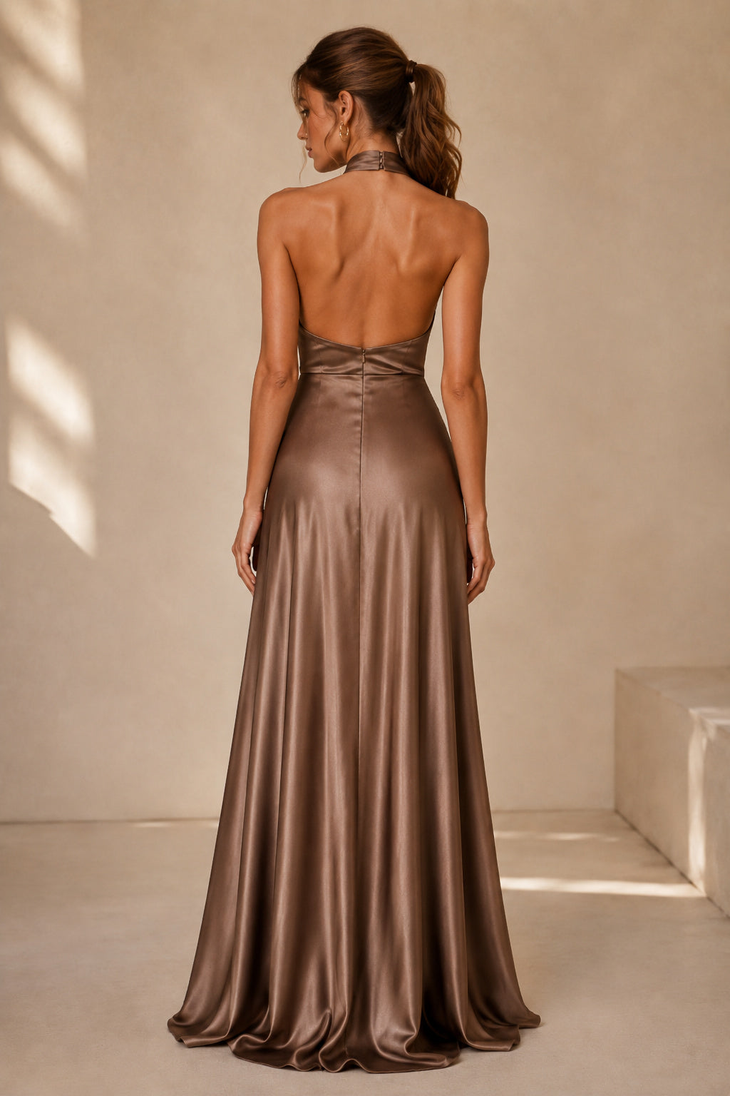 Brown Halter Satin A-Line Formal Dress with Cowl Neckline back view
