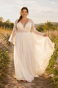 Plus Size Ivory V-Neck Bell Sleeve Lace Tulle A-Line Wedding Dress with Bell Sleeves and Soft Chiffon Train front view