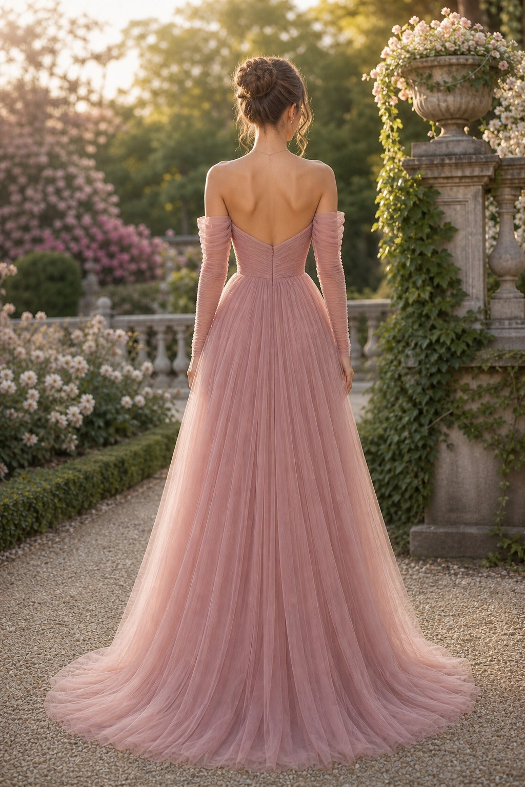 Dusty Rose Strapless Floor-Length Tulle A-Line Dress