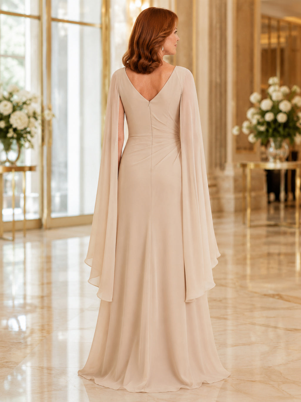 Champagne V neck cape sleeve chiffon floor length mother gown back view