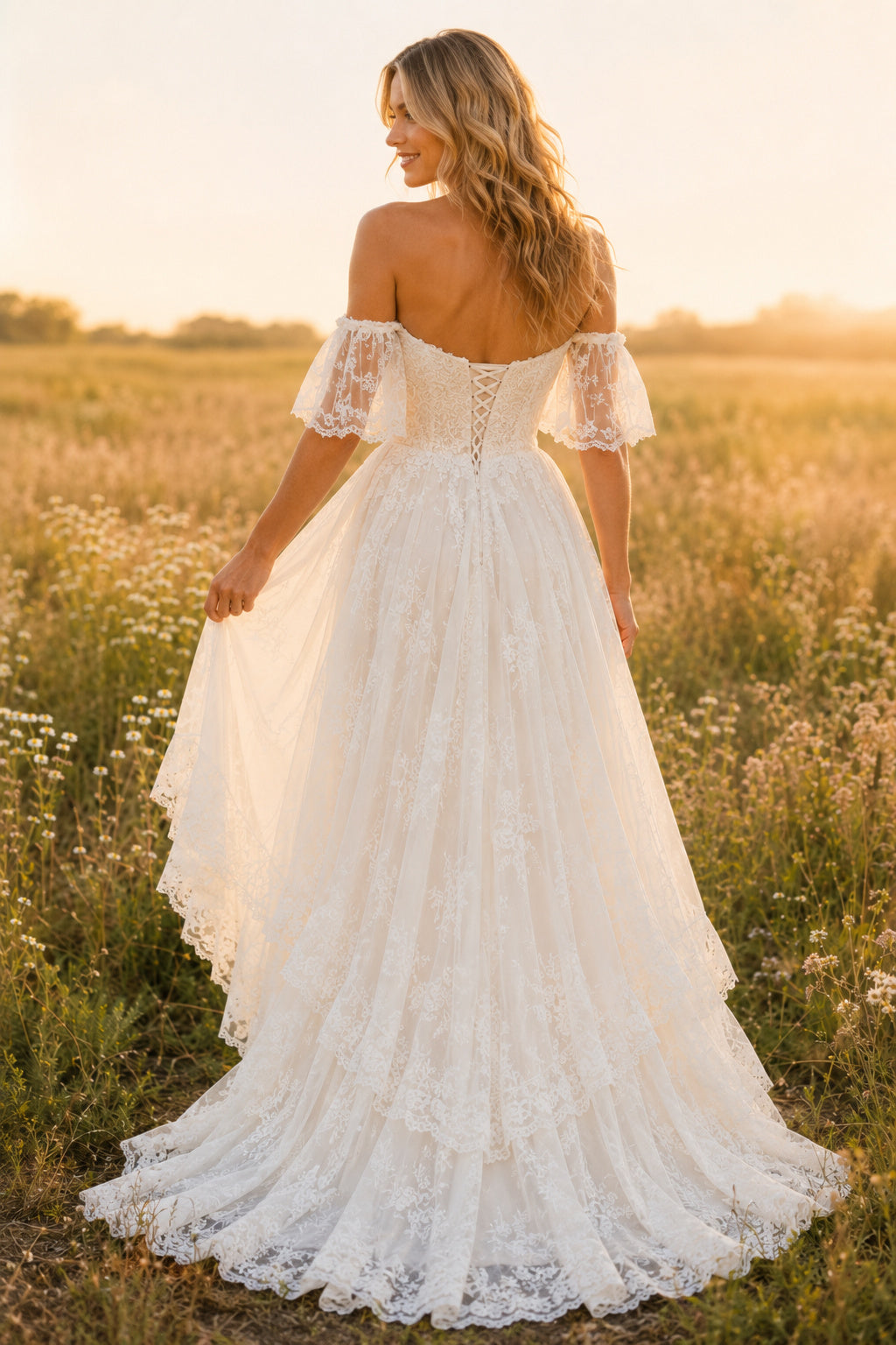 Off-the-Shoulder High-Low Lace Wedding Dress with Flutter Sleeves back view