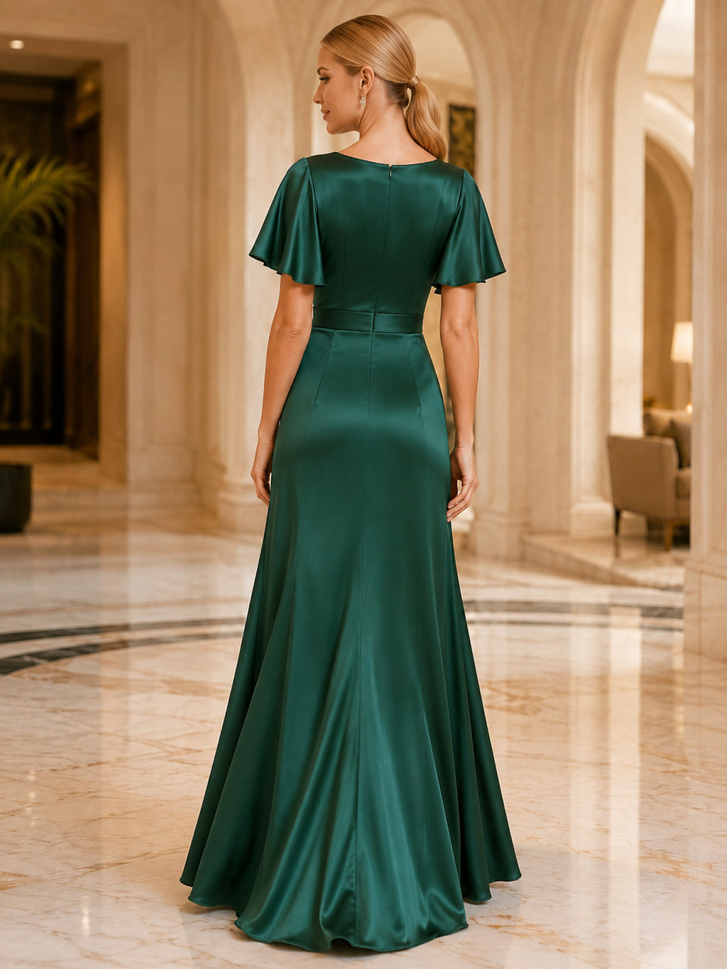 Peacock Satin Flutter Sleeve Wrap Slit Evening Gown back view