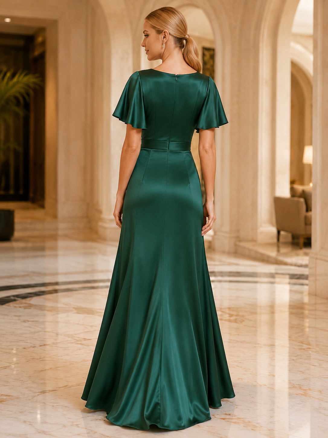 Peacock Satin Flutter Sleeve Wrap Slit Evening Gown back view