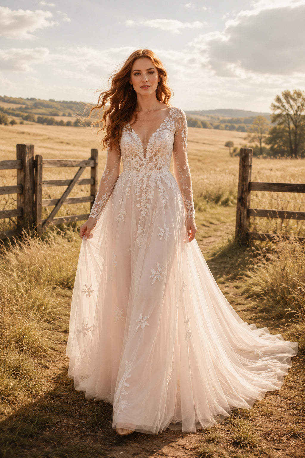 Deep V A-Line Wedding Dress with Floral Appliques and Lightweight Tulle Train for Rustic Garden Ceremony front view