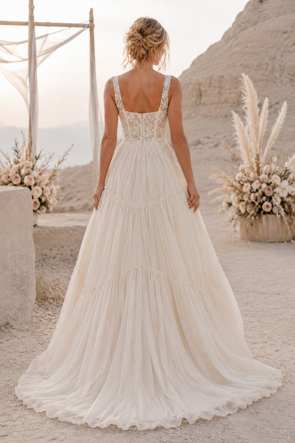 Ivory Square Neck Lace Bodice A-Line Wedding Dress with Layered Tulle Skirt back view
