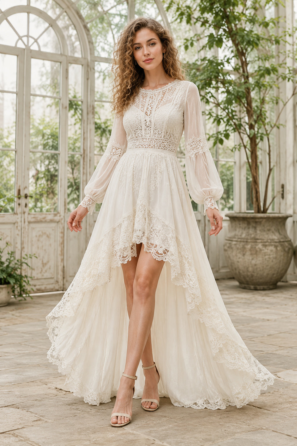 Ivory Long Sleeve High-Low Lace Wedding Dress with Illusion Bodice and Sweep Train front view