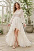 Ivory Long Sleeve High-Low Lace Wedding Dress with Illusion Bodice and Sweep Train front view
