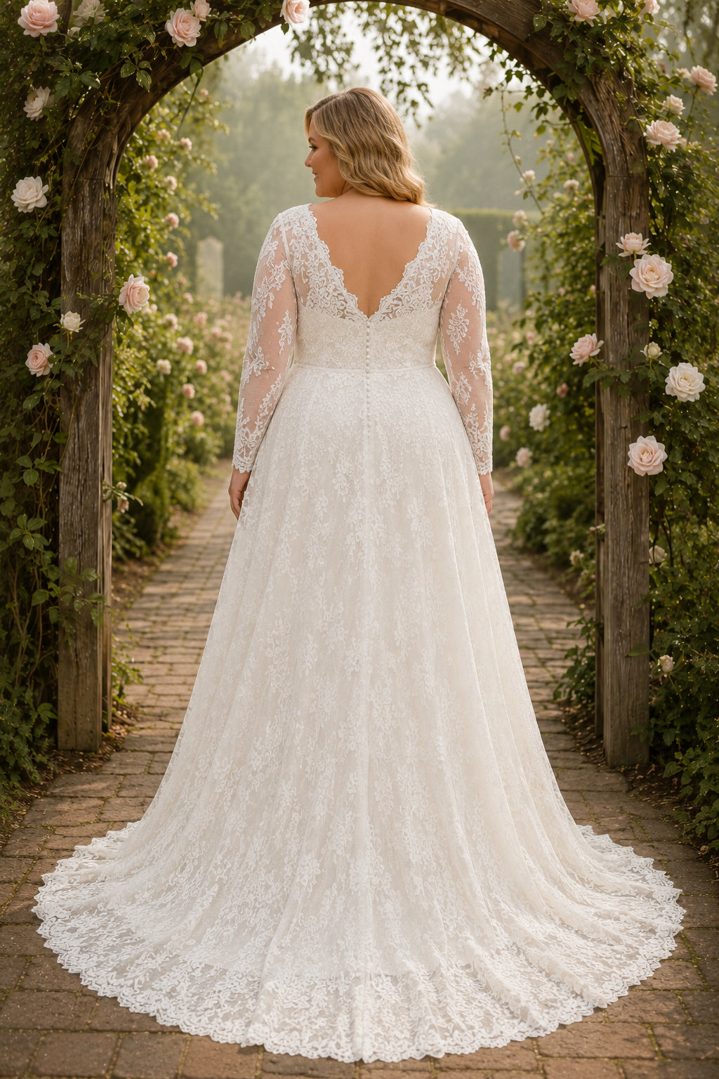 Ivory Plus Size Long Sleeve Lace A-Line Wedding Dress with V-Neck Bodice and Train back view