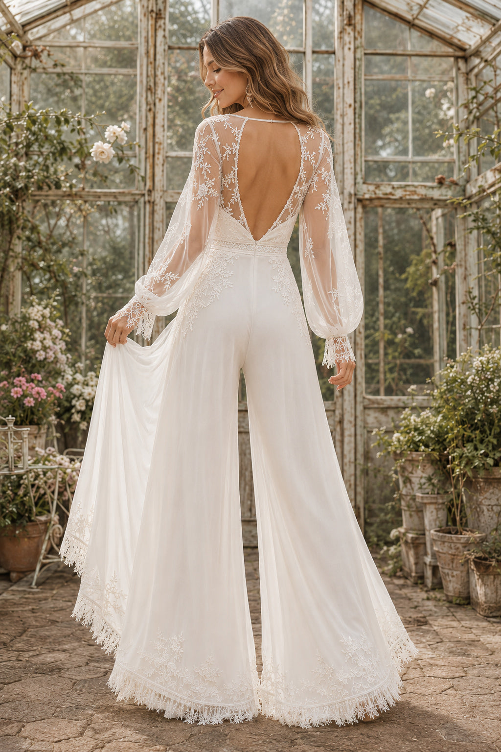 Ivory Sweetheart Bishop Sleeve Lace Satin Floor-Length Bridal Jumpsuit with Bishop Sleeves and Soft Overskirt back view