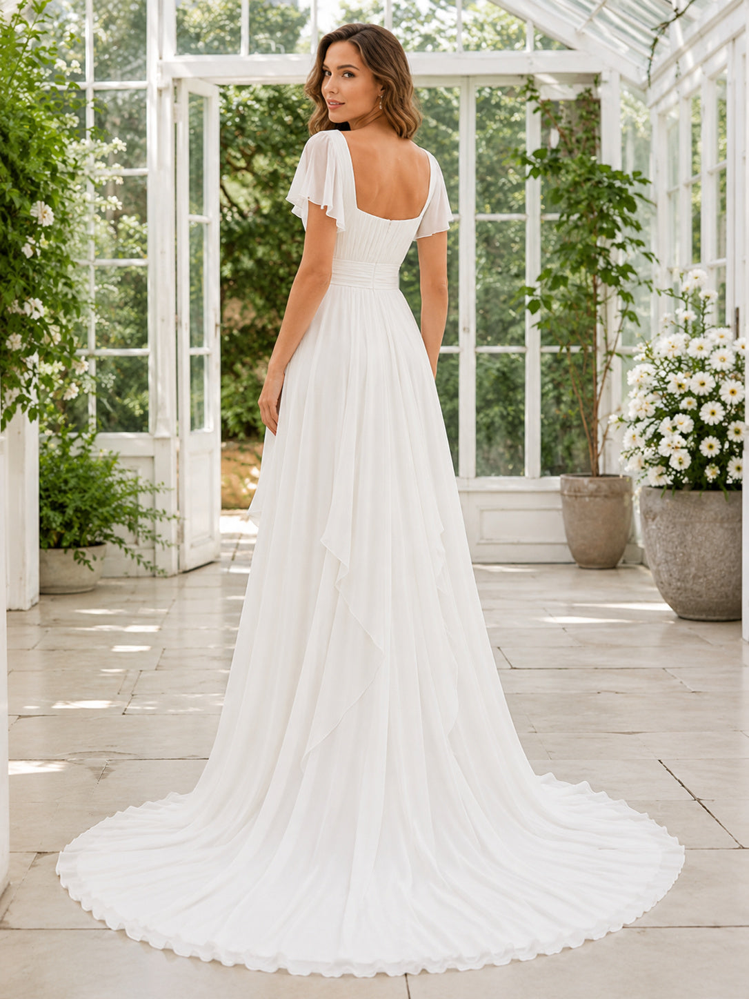 Boho Square Neck Flutter Sleeve Cascading Ruffle Chiffon A-Line Sweep Wedding Gown back view